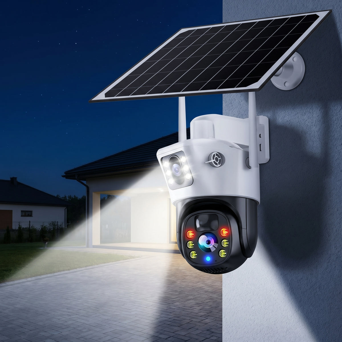 Cámara de Seguridad Solar 2 en 1 Doble Lente 4K — PTZ 355° Visión Nocturna Color - en uso