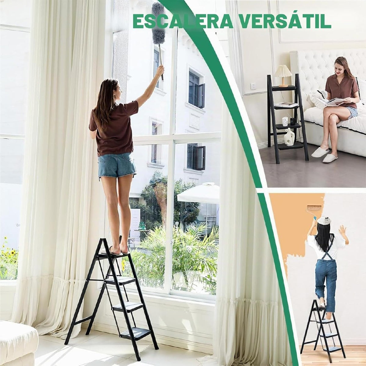 Escalera Plegable 4 Peldaños en Aluminio · Soporta 150kg · Antideslizante y Compacta · Garantía 1 año - 6