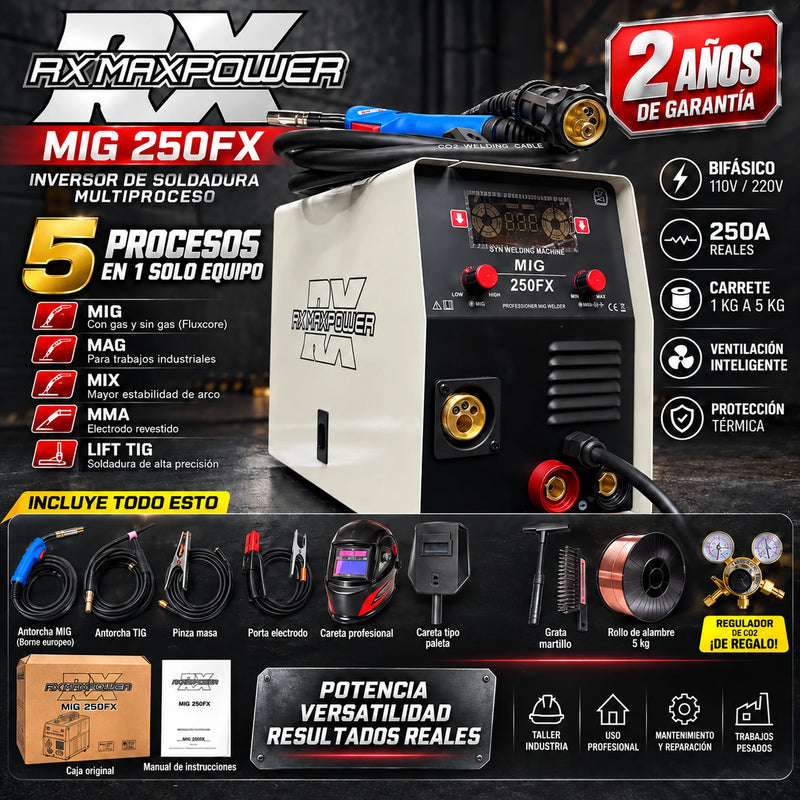 Soldador industrial RX MAX POWER 250 AMP – 5 en 1 MMA/MIG/MAG/MIX/LIFT TIG | Uso intensivo | Borne europeo | Alambre hasta 5 kg | Suelda 7018 | 2 AÑOS DE GARANTÍA foto 2