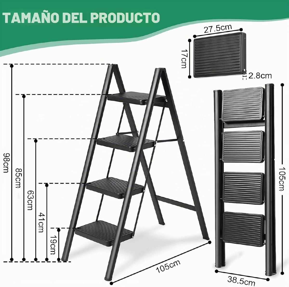 Escalera Plegable 4 Peldaños en Aluminio · Soporta 150kg · Antideslizante y Compacta · Garantía 1 año - 8