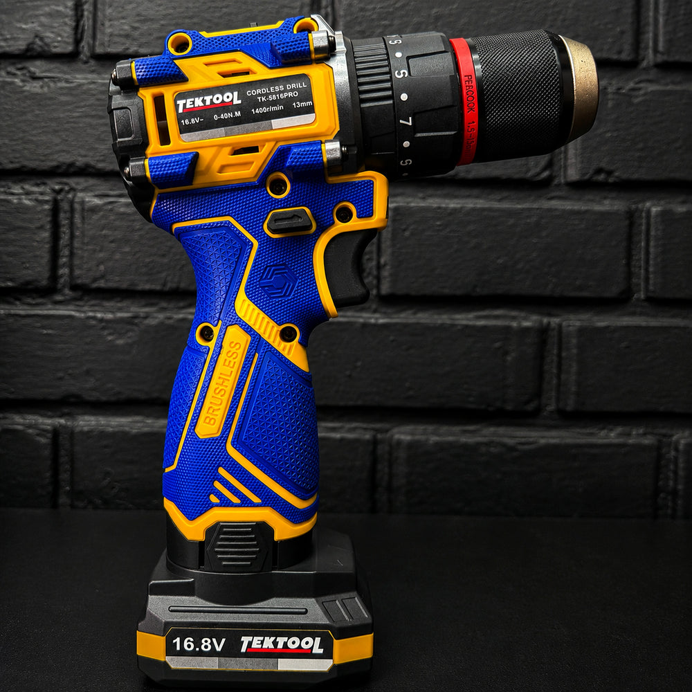 Taladro Atornillador Inalámbrico TEKTOOL TK-5816PRO 16.8V Brushless — 40 N·m, Mandril 1/2" y 2 Baterías - 8