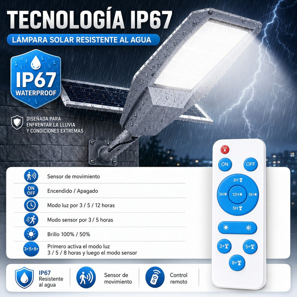 Lámpara Solar Jortan 400W para Exterior – IP67 con Panel y Control Remoto - 9