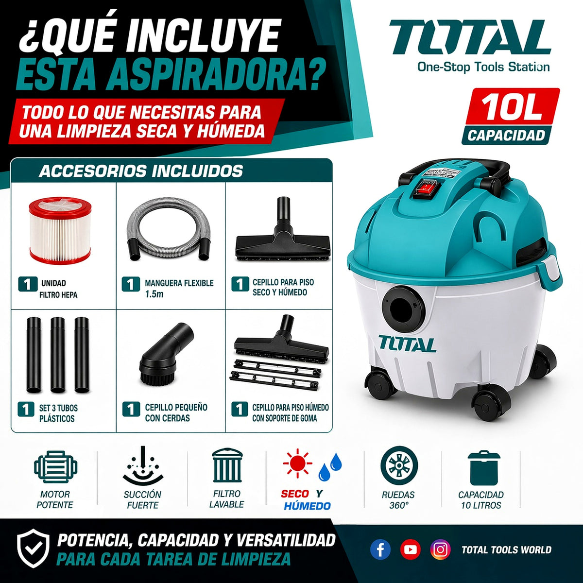 Aspiradora y Sopladora TOTAL 1200W 10L — Seco / Húmedo / Soplar (2 en 1) - Kit completo