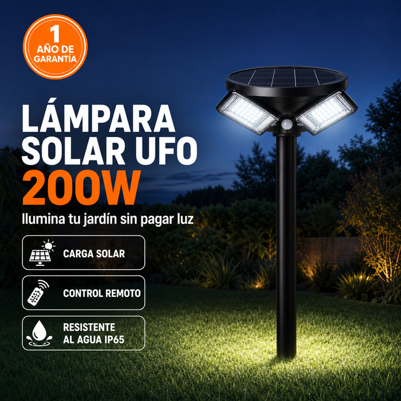 Lámpara Solar UFO 200W · 3 Paneles Ajustables · Control Remoto y Sensor de Movimiento · IP65 · Garantía 1 año foto 1