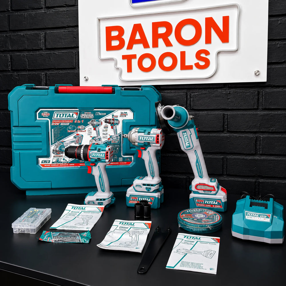 Combo TOTAL 3 en 1 Brushless 20V — Taladro 66 N·m, Llave de Impacto 405 N·m y Pulidora 4½" | 2 Baterías 4.0Ah y Maletín - 11