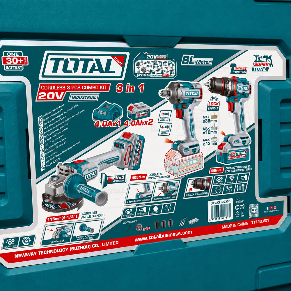Combo TOTAL 3 en 1 Brushless 20V — Taladro 66 N·m, Llave de Impacto 405 N·m y Pulidora 4½" | 2 Baterías 4.0Ah y Maletín - 12