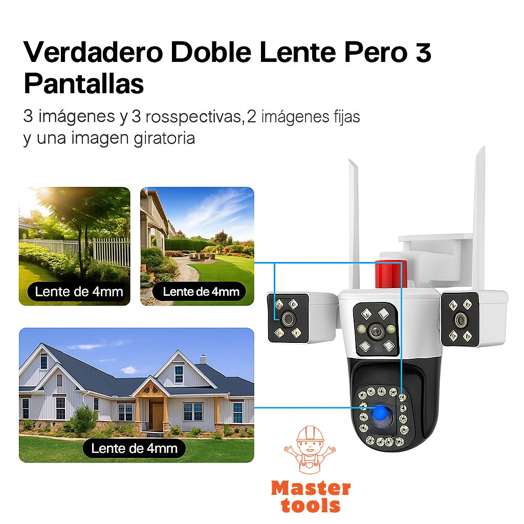 Cámara de Seguridad WiFi 3 en 1 – 3 Lentes 6K | Visión Nocturna + Alarma + Zoom