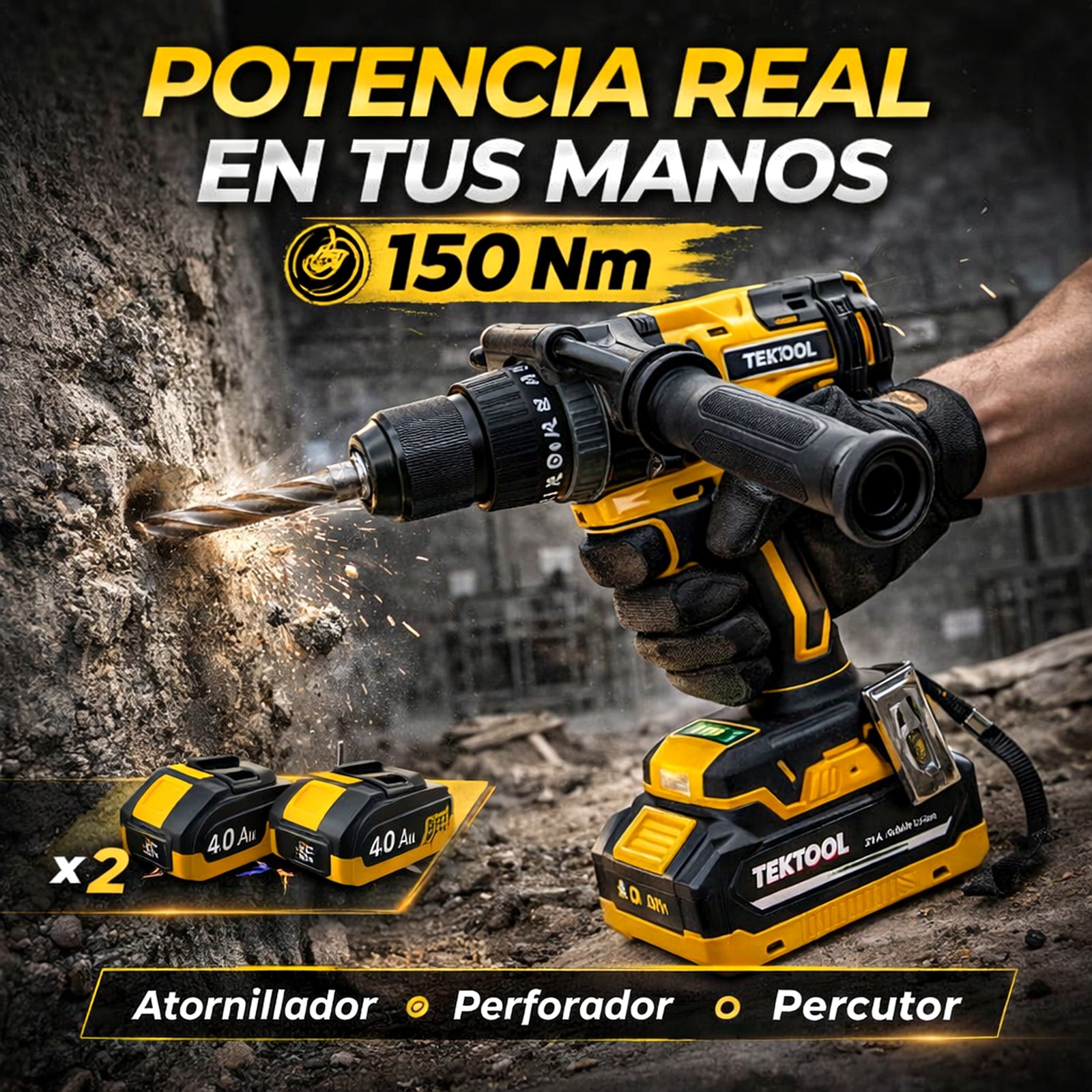 Taladro Industrial TEKTOOL 150 Nm — Brushless con 2 Baterías 4Ah - en uso