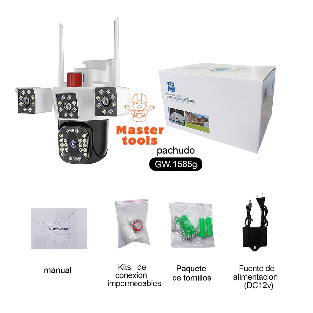 Cámara de Seguridad WiFi 3 en 1 – 3 Lentes 6K | Visión Nocturna + Alarma + Zoom