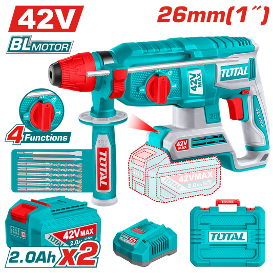 Rotomartillo TOTAL Original SDS Plus 42V Brushless (2.5J) – Kit Completo + 1 Año de Garantía 🧰