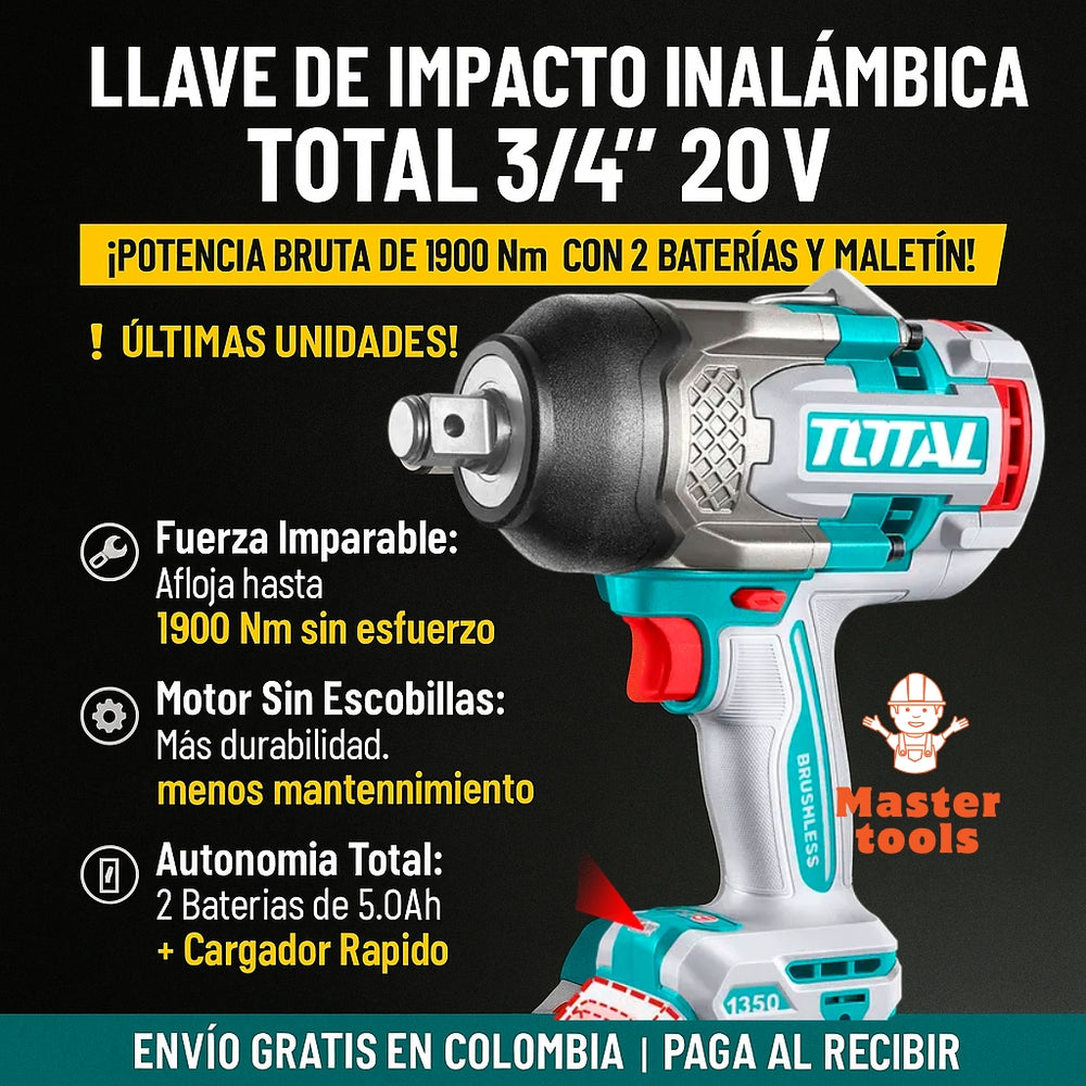 Llave de Impacto TOTAL Original 3/4” – 1350 Nm para Ajustar, 1900 Nm para Aflojar, con 1 Año de Garantía - 1