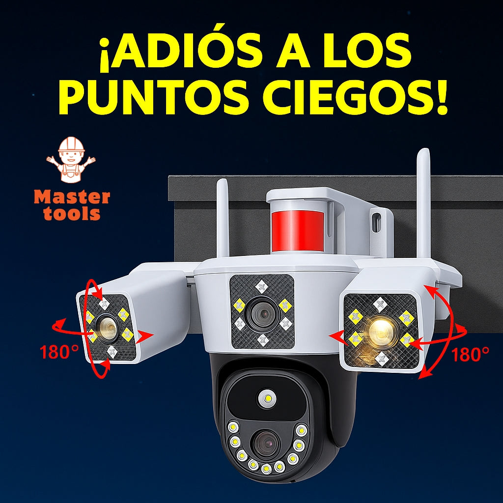 Cámara de Seguridad WiFi 3 en 1 – 3 Lentes 6K | Visión Nocturna + Alarma + Zoom