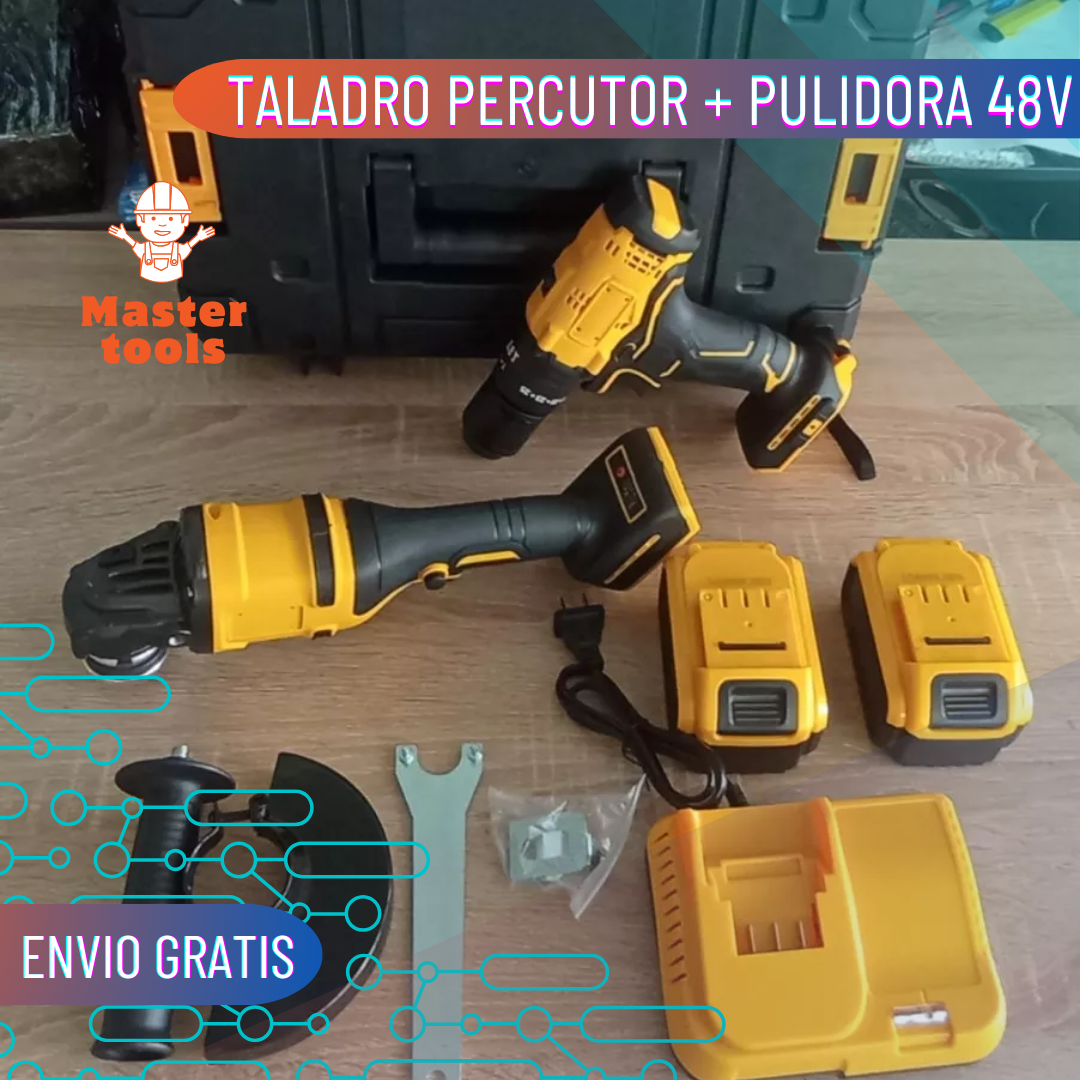 Combo Esmeril Angular Grande con taladro Percutor y 2 baterías