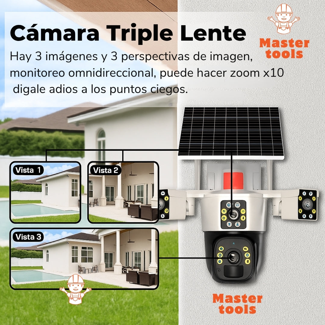 Cámara de Seguridad 4G - Funciona con Chip, Panel Solar y Triple Lente 360°