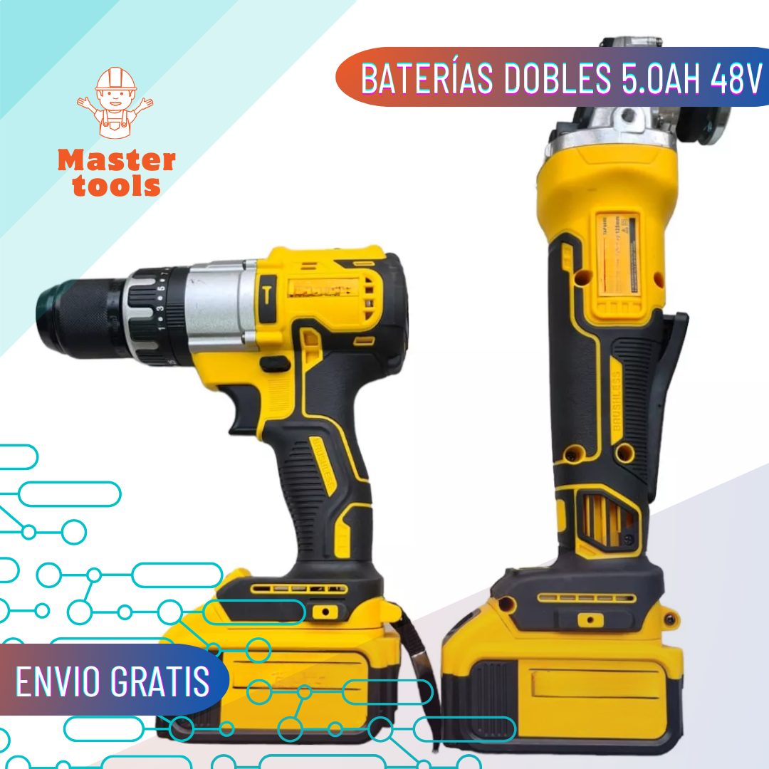 Combo Esmeril Angular Grande con taladro Percutor y 2 baterías