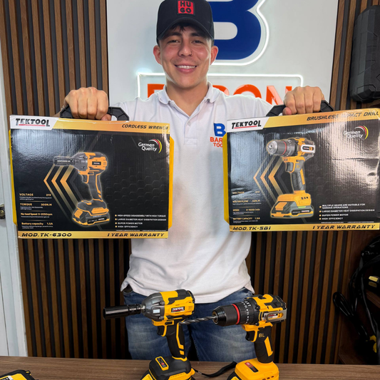 Combo Inalámbrico TEKTOOL: Taladro Percutor TK-581 + Llave de Impacto TK-6300 21V Brushless – 55 N·m + 300 N·m – 4 Baterías + Maletines + Accesorios