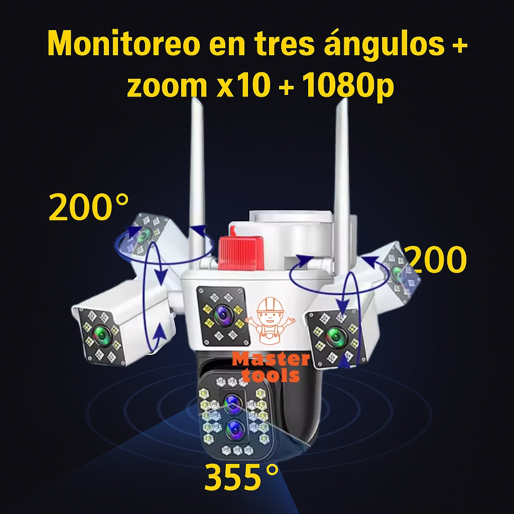 Cámara de Seguridad WiFi 3 en 1 – 3 Lentes 6K | Visión Nocturna + Alarma + Zoom