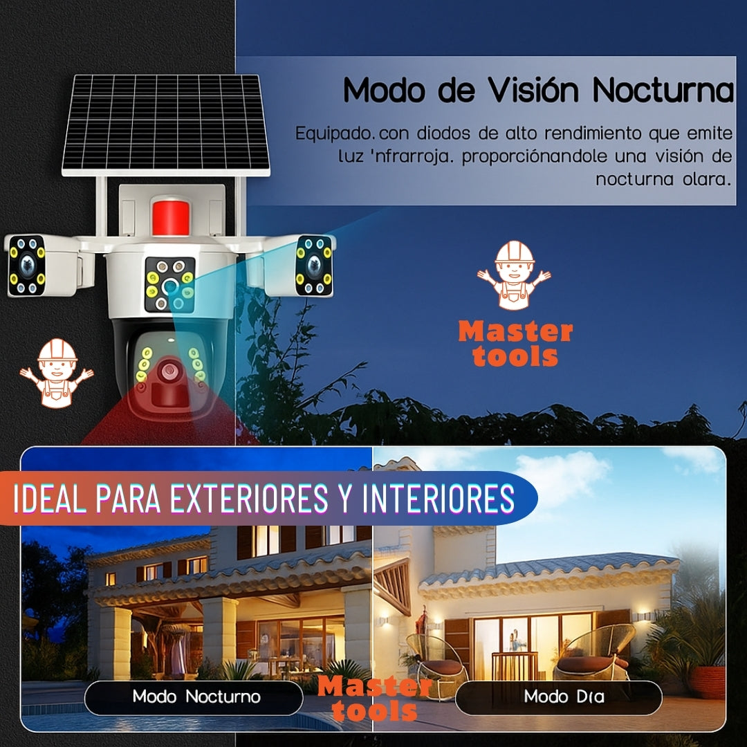 Cámara de Seguridad 4G - Funciona con Chip, Panel Solar y Triple Lente 360°