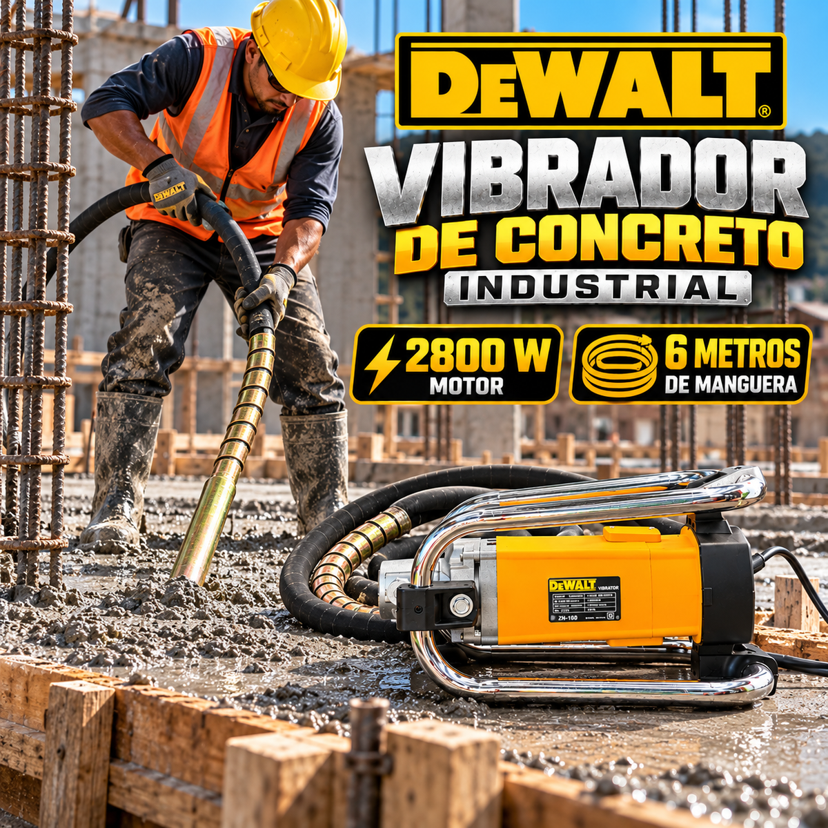 Vibrador de Concreto Industrial tipo DeWALT 2800W ZIN-160 | Manguera de 6 m | 110 V | 4.300 r/min | 1 Año de Garantía