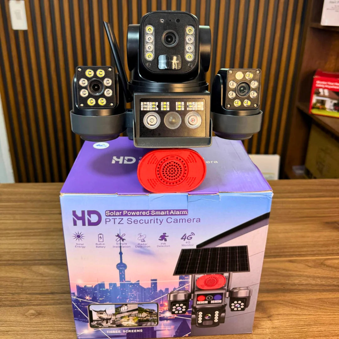 Cámara triple vision de Seguridad Solar PTZ HD con Alarma 4G Con CHIP - Kit completo