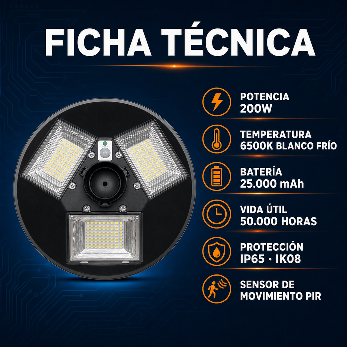 Lámpara Solar UFO 200W · 3 Paneles Ajustables · Control Remoto y Sensor de Movimiento · IP65 · Garantía 1 año - 6