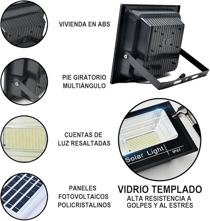 Reflector Solar LED 1500W para Exteriores con Panel y Control – Alta Potencia y Autonomía foto 5
