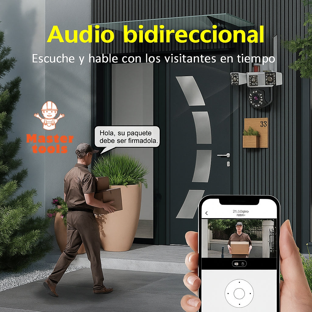 Cámara de Seguridad WiFi 3 en 1 – 3 Lentes 6K | Visión Nocturna + Alarma + Zoom