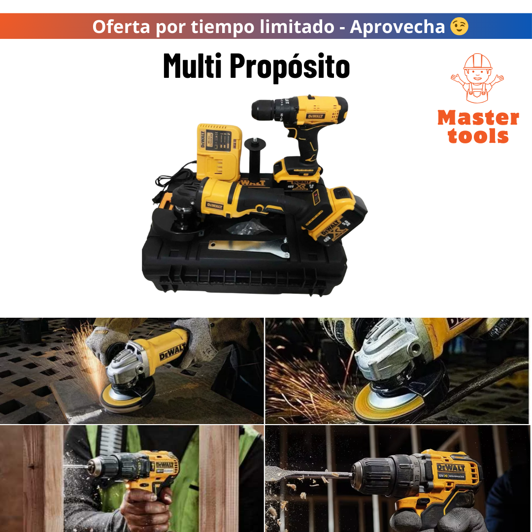 Combo Esmeril Angular Grande con taladro Percutor y 2 baterías