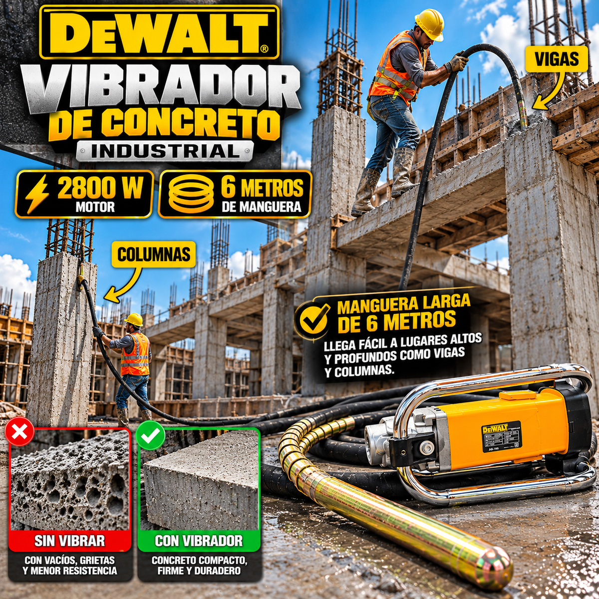 Vibrador de Concreto Industrial tipo DeWALT 2800W ZIN-160 | Manguera de 6 m | 110 V | 4.300 r/min | 1 Año de Garantía - Kit completo