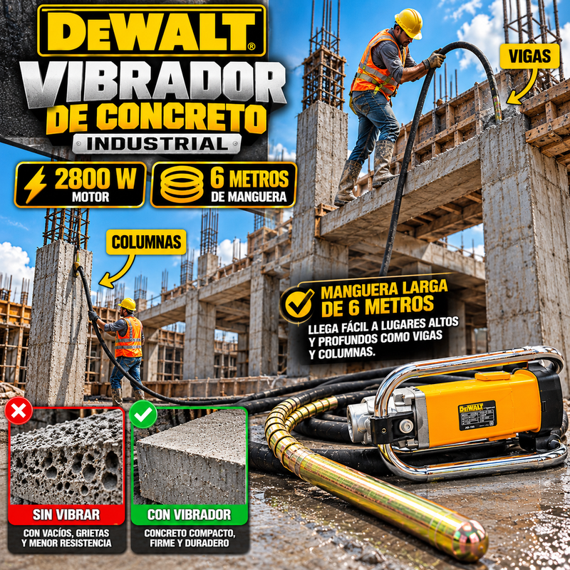 Vibrador de Concreto Industrial tipo DeWALT 2800W ZIN-160 | Manguera de 6 m | 110 V | 4.300 r/min | 1 Año de Garantía foto 3