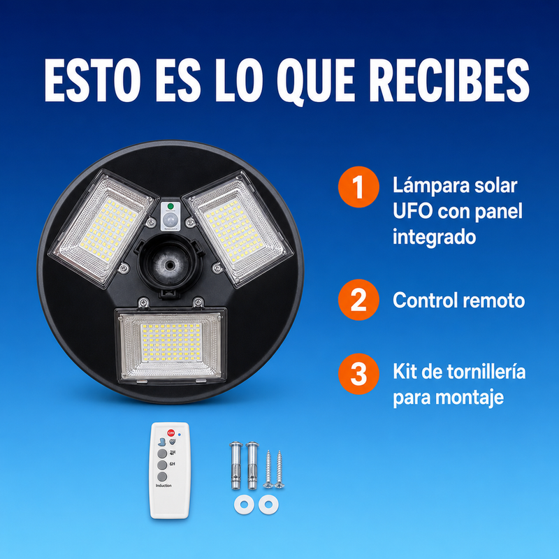 Lámpara Solar UFO 200W · 3 Paneles Ajustables · Control Remoto y Sensor de Movimiento · IP65 · Garantía 1 año foto 8