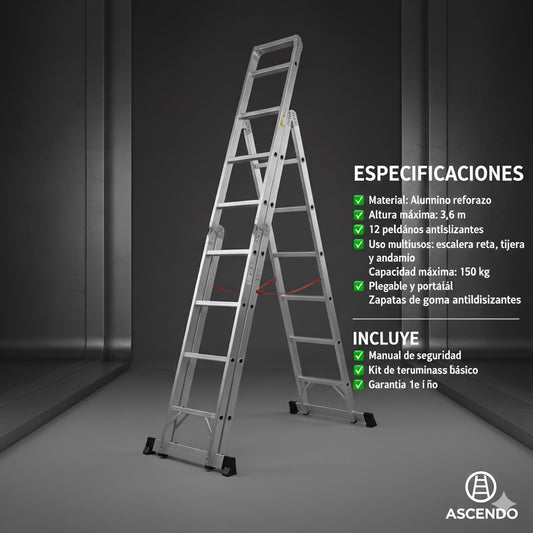 ⚡ ESCALERA DE ALUMINIO 12 PELDAÑOS – VERSATILIDAD Y SEGURIDAD - 3,6M de altura