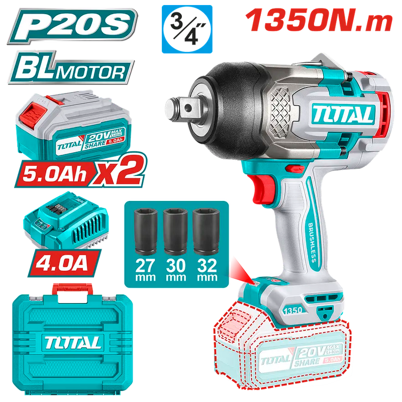 Llave de Impacto TOTAL Original 3/4” – 1350 Nm para Ajustar, 1900 Nm para Aflojar, con 1 Año de Garantía foto 2