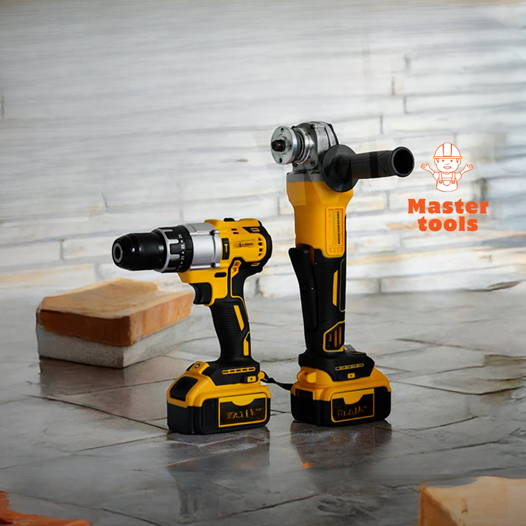 Combo Esmeril Angular Grande con taladro Percutor y 2 baterías