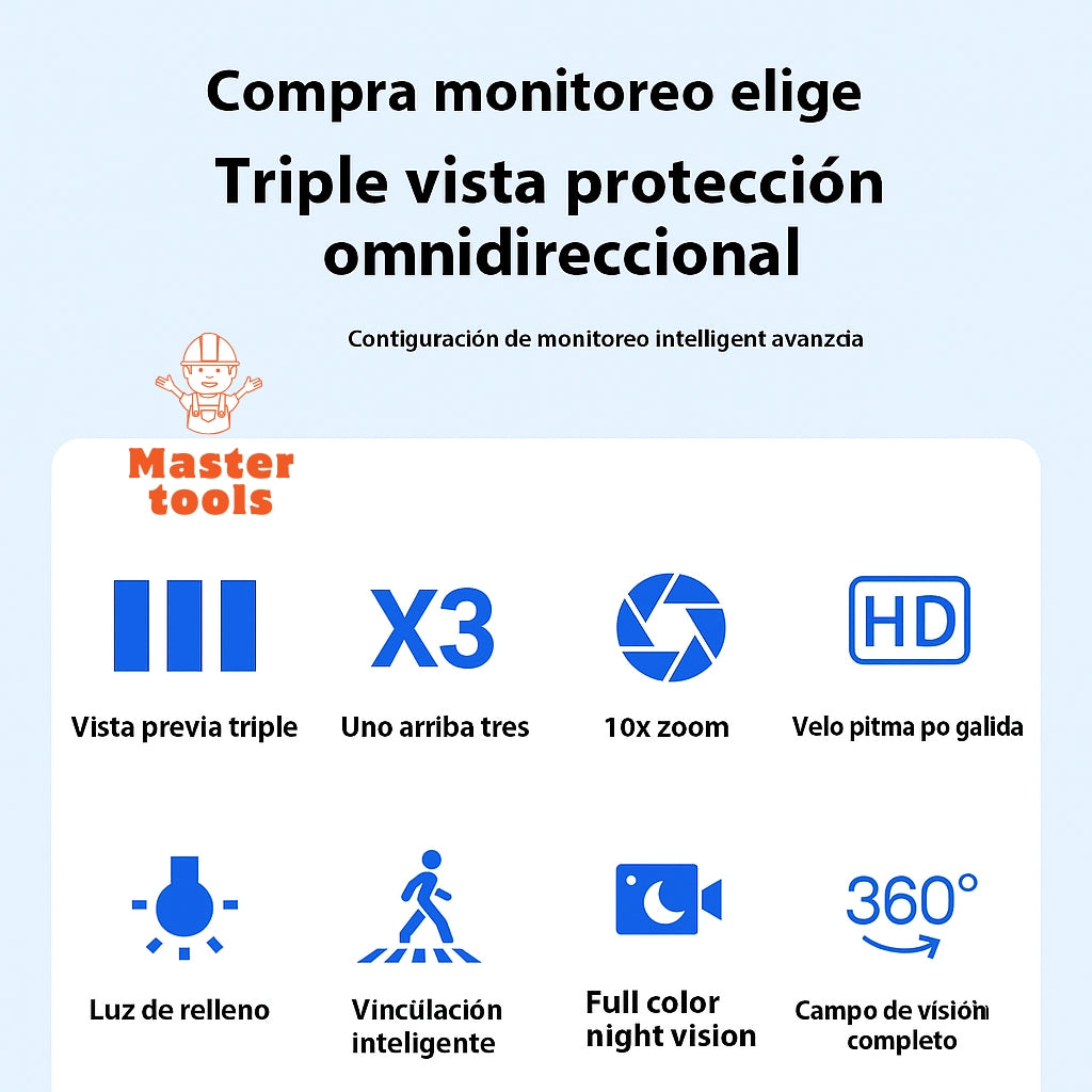 Cámara de Seguridad WiFi 3 en 1 – 3 Lentes 6K | Visión Nocturna + Alarma + Zoom