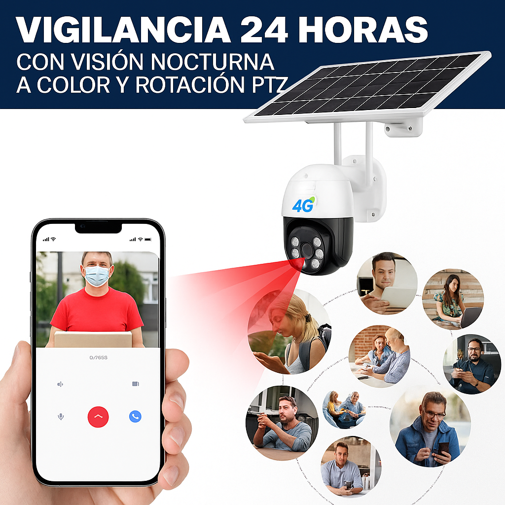 Cámara de Seguridad Exterior PTZ Red 4G SIM con Panel Solar
