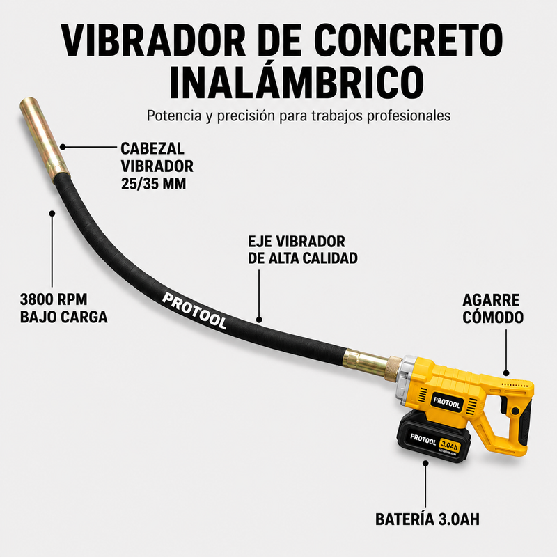 Vibrador de Concreto Inalámbrico 1800W PROTOOL – Concreto Firme y Sin Burbujas | 1 Año de Garantía foto 4