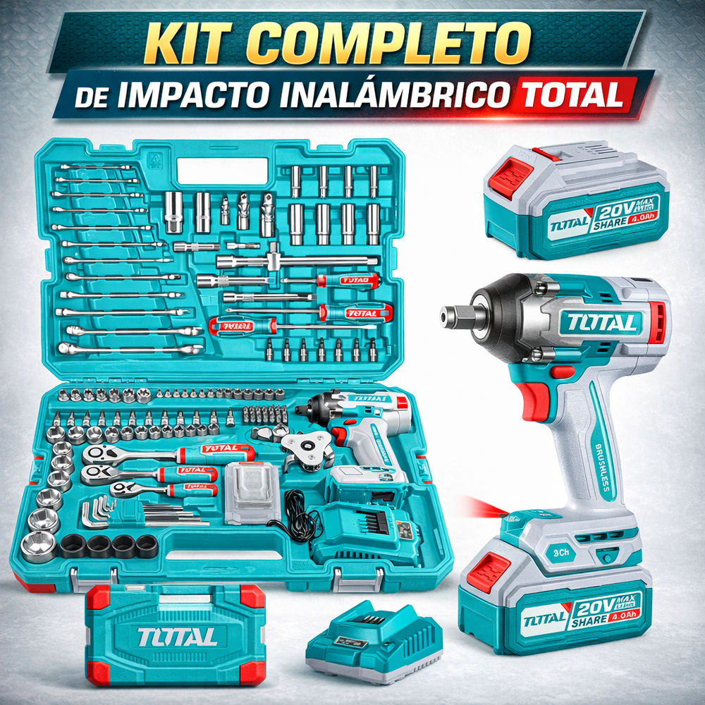 Pistola de Impacto 500NM  TOTAL + KIT 152 Herramientas + 1 Año de Garantia - 12