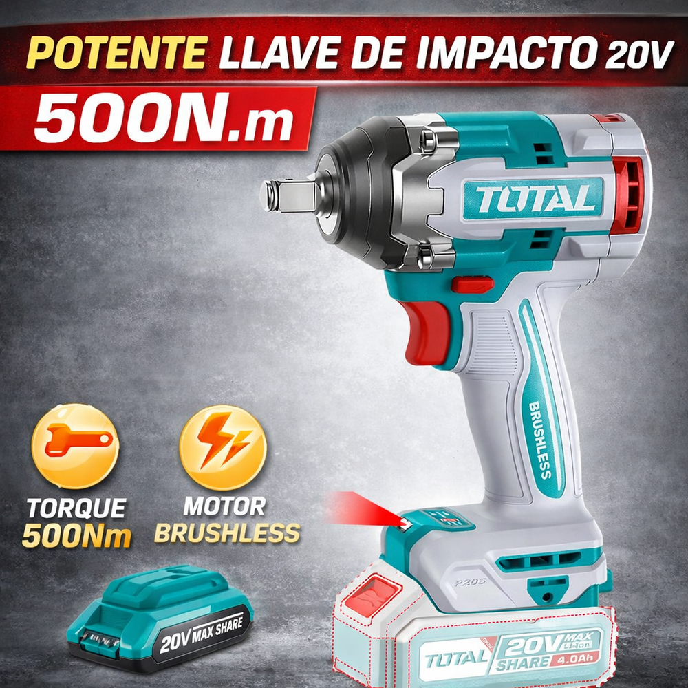 Pistola de Impacto 500NM  TOTAL + KIT 152 Herramientas + 1 Año de Garantia - 7