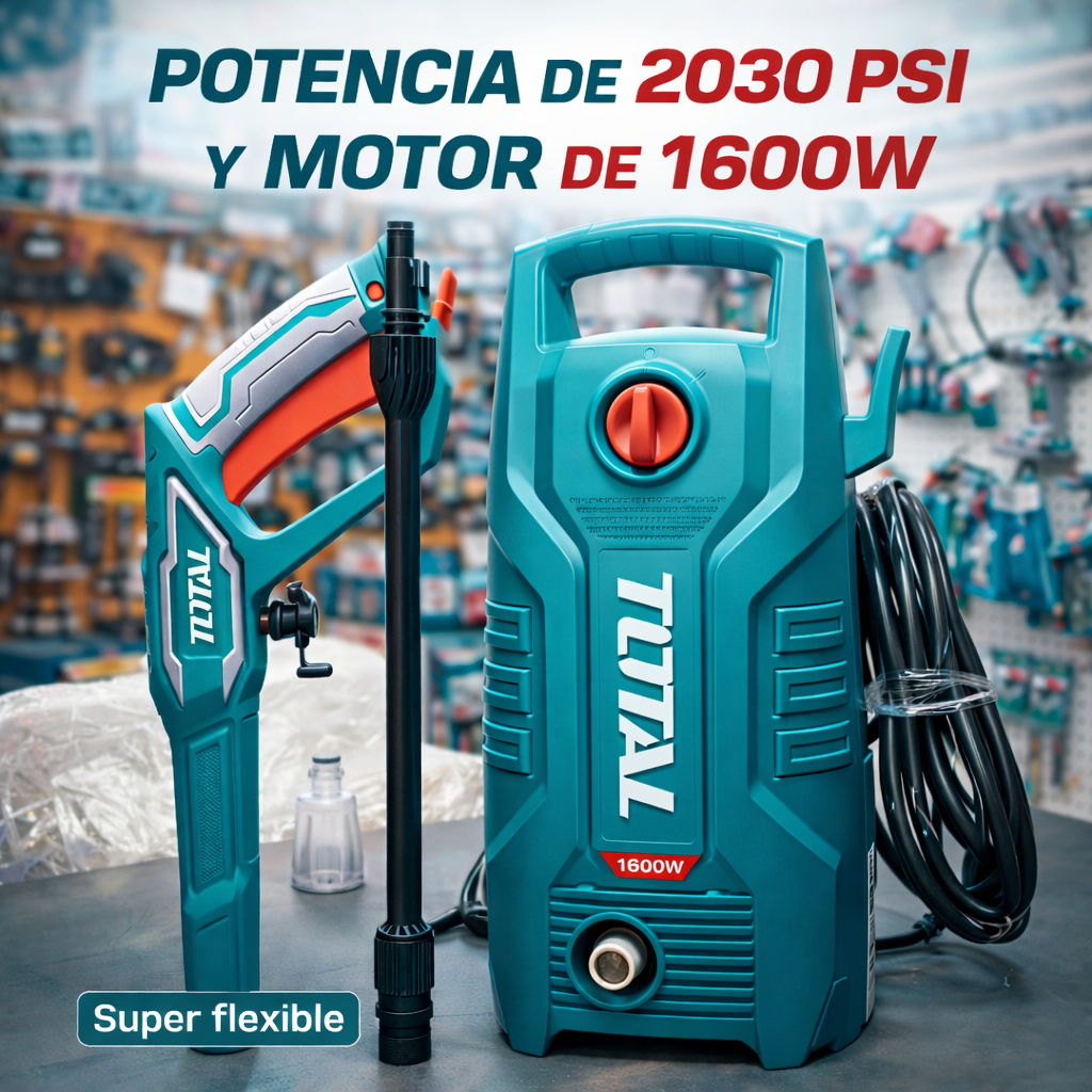 Hidrolavadora TOTAL 1600W 2030 PSI – Limpieza Profesional en Casa - Kit completo