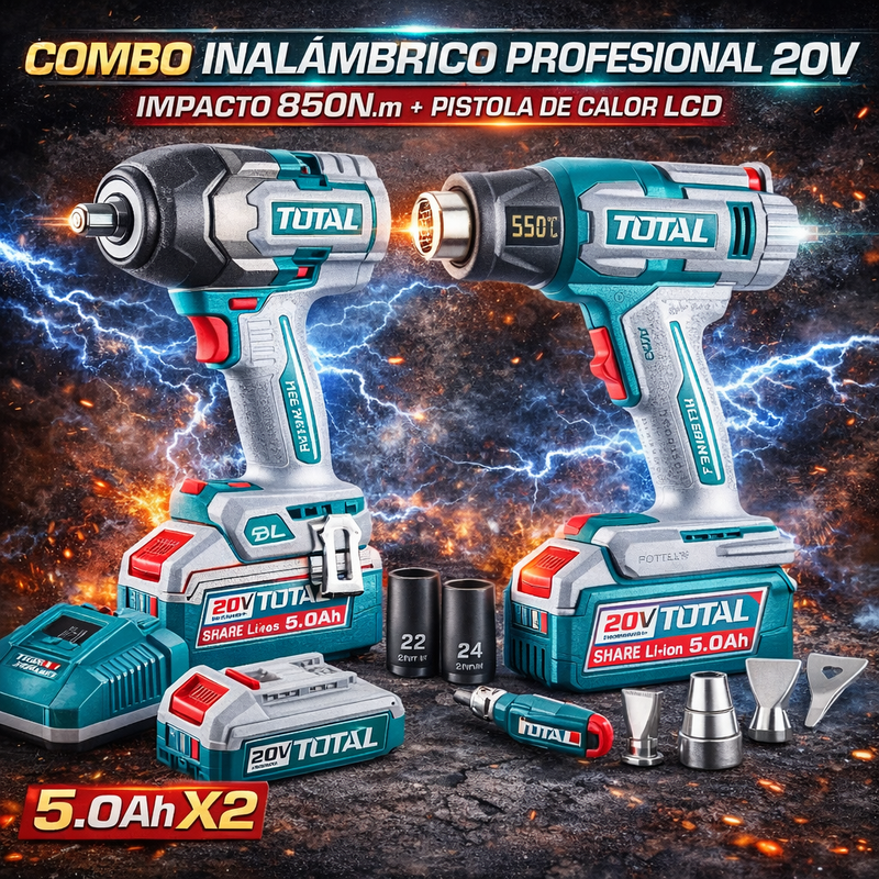 Combo Inalámbrico TOTAL 20V Impacto 850NM + Pistola de Calor LCD foto 6