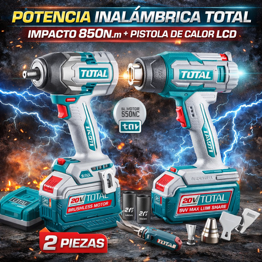 Combo Inalámbrico TOTAL 20V Impacto 850NM + Pistola de Calor LCD - Kit completo
