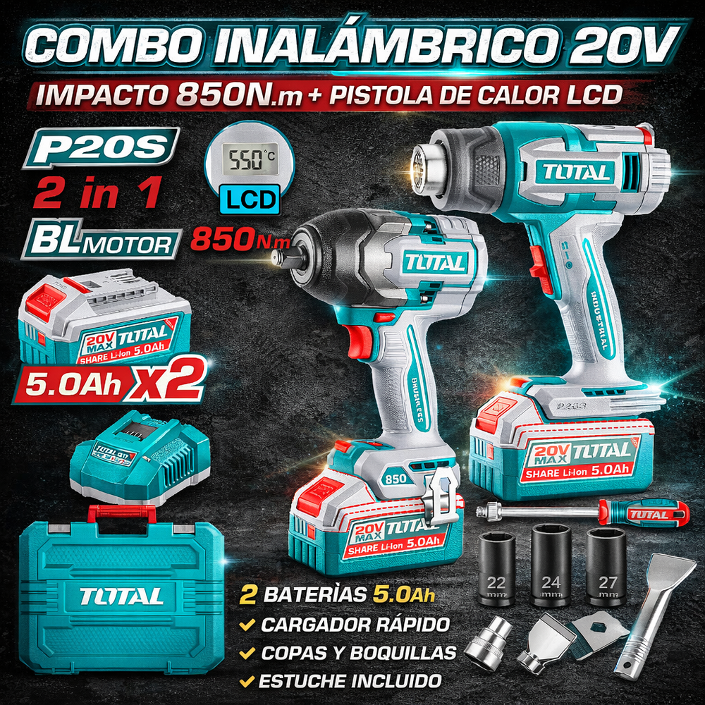 Combo Inalámbrico TOTAL 20V Impacto 850NM + Pistola de Calor LCD - 1
