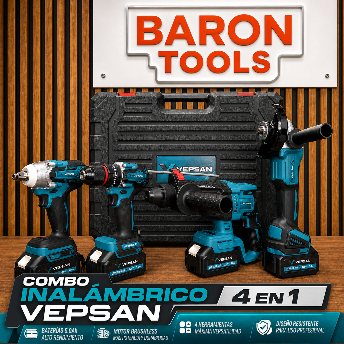 Combo Azul VEPSAN taladro 1/2 percutor + Rotomartillo 3 triple función + llave de impacto 1/2 + pulidora