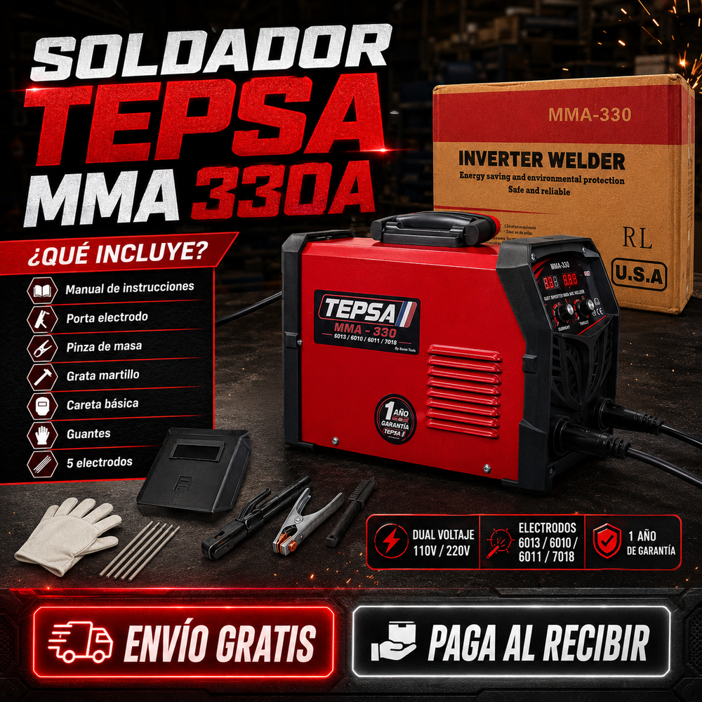 Soldador Inversor TEPSA MMA 330A 110V/220V + Accesorios | 1 Año de Garantía - 2