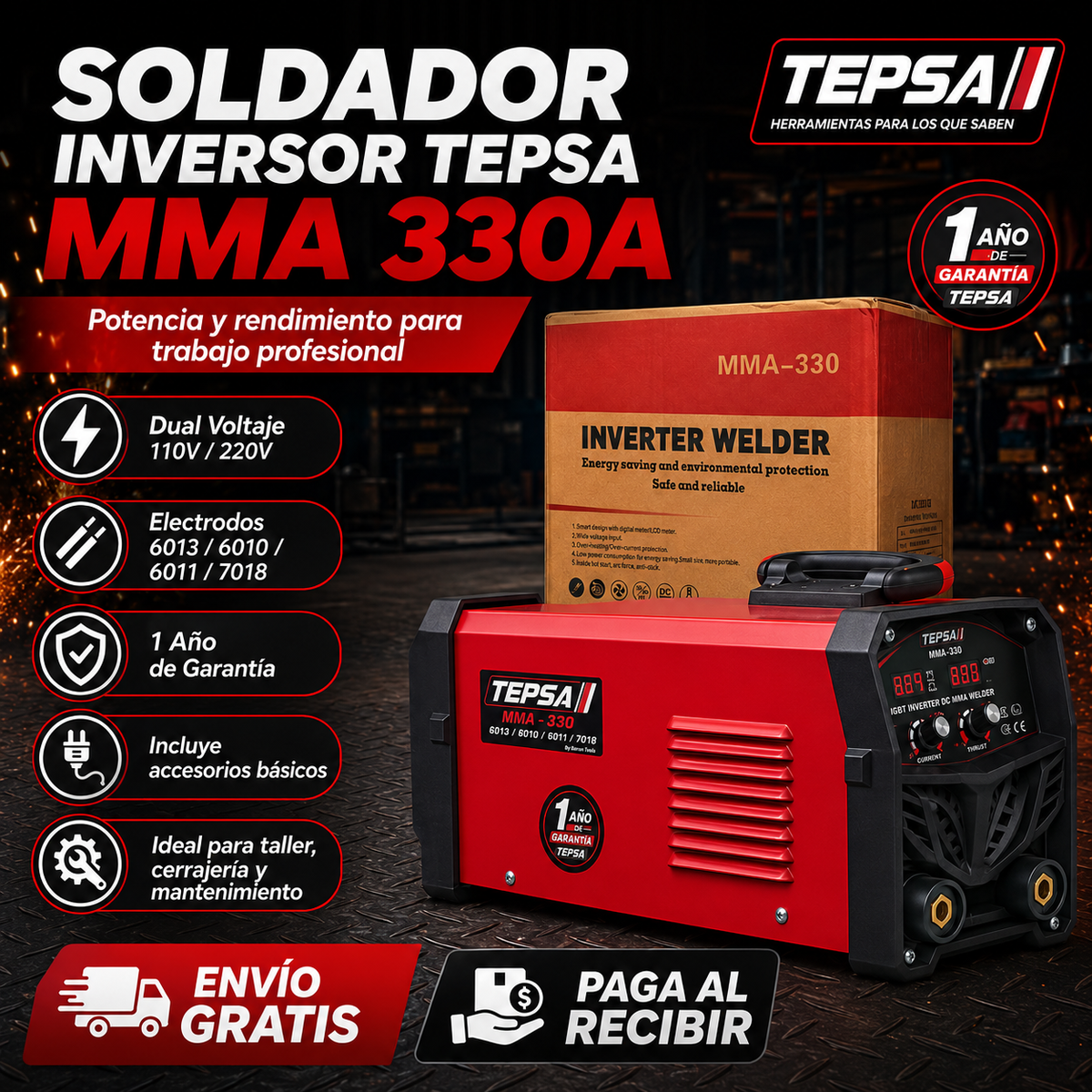 Soldador Inversor TEPSA MMA 330A 110V/220V + Accesorios | 1 Año de Garantía - Kit completo