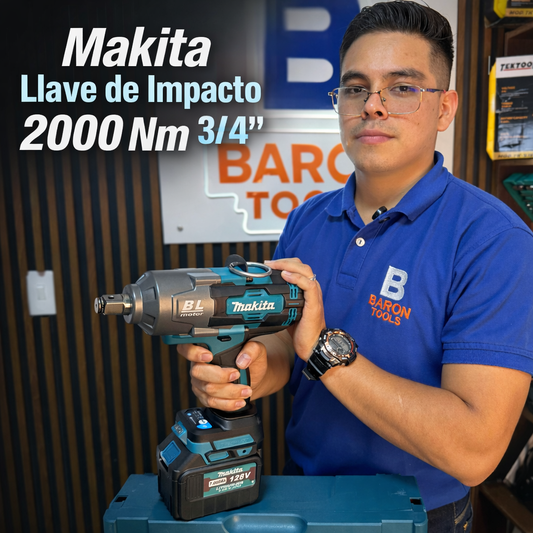 Llave de impacto Makita de 2000 Nm encastre 3/4 con adaptador de 1/2 y 2 baterías de litio