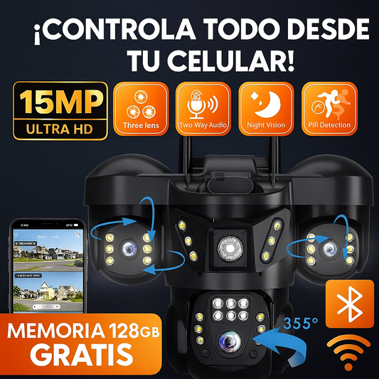 Cámara de Seguridad Inteligente Triple Lente 15MP – WiFi + Memoria 128GB GRATIS