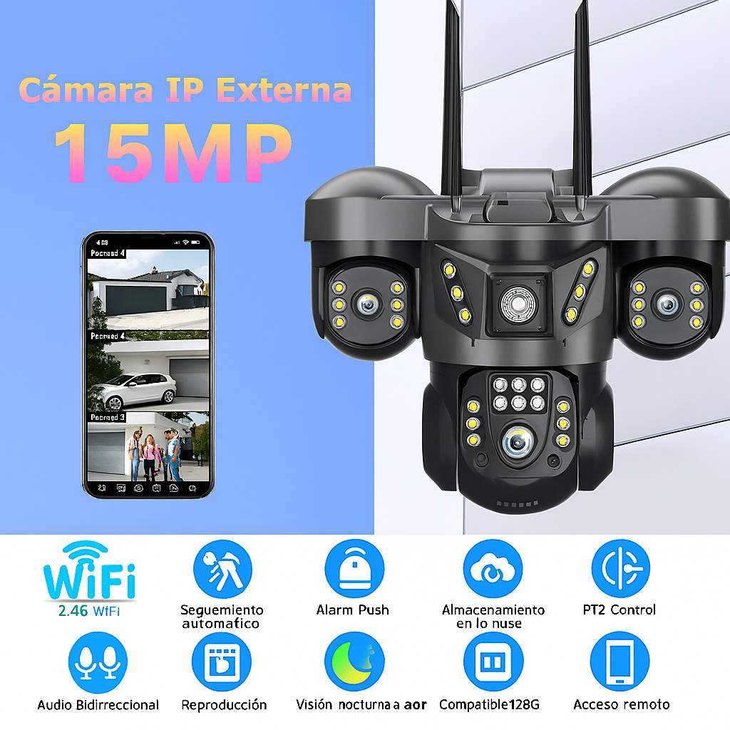 Cámara de Seguridad Inteligente Triple Lente 15MP –  Resolución Full Hd - Visión Nocturna -Funciona con Wifi