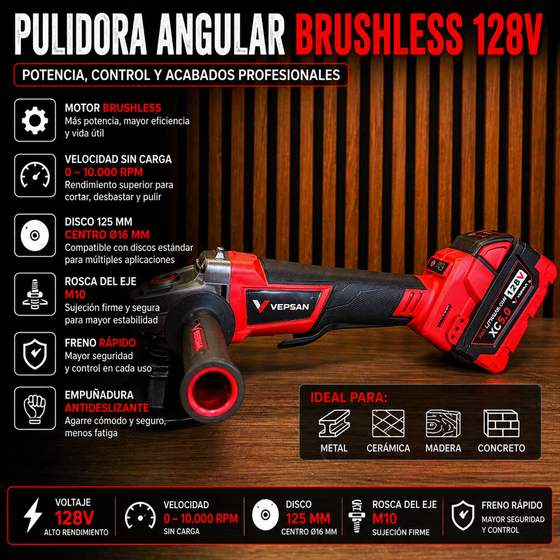 Combo Vepsan Rojo - Taladro 1/2 - Pulidora 4/5 - Rotomartillo SDS PLUS - Llave de impacto de 350 NM de 1/2 - con 4 Baterías y 2 Cargadores foto 7